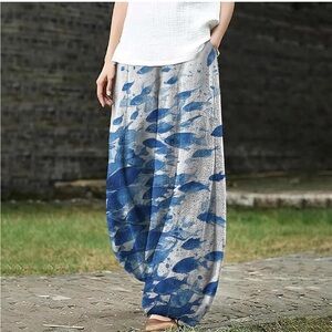 Blue Fish on White Harem Pants